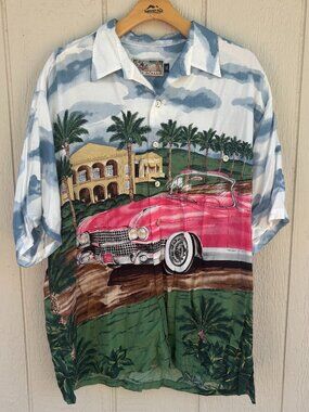 Vintage Tori Richard Button Up Shirt Men's XL Graphic Print Car Beach Vacation